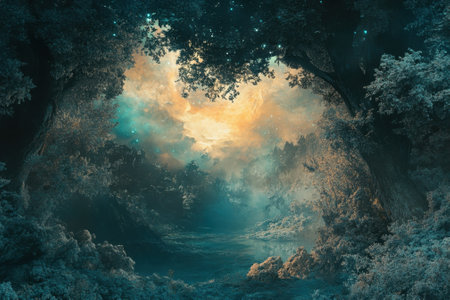 An enchanting forest setting at twilight, showing a vibrant sky with stars and mist among the trees.の写真素材