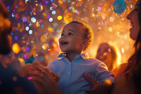 A child laughs joyfully in an adult's arms, surrounded by colorful confetti at a night celebration.の写真素材