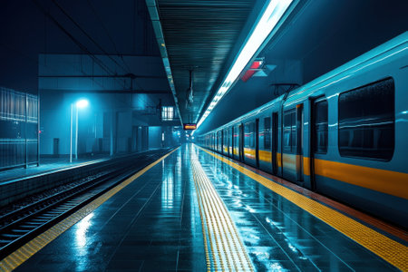Raindrops create reflections on a quiet train station platform at night, highlighting the empty surroundings.の写真素材