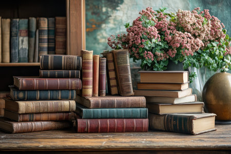 A charming study corner showcases stacked antique books next to a vibrant floral arrangement.の写真素材