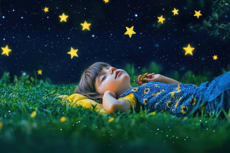 A child lies on a grassy area, gazing at bright stars scattered in the night sky, serene and relaxed.の写真素材