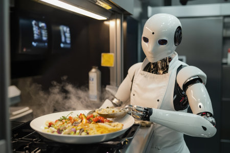 A humanoid robot cooks a colorful dish in a high-tech kitchen, showcasing culinary skills with precision.の写真素材
