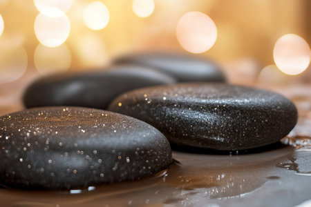 Black stones are arranged on a spa table, shining due to water droplets and soft lighting creating a calming atmosphere.の写真素材