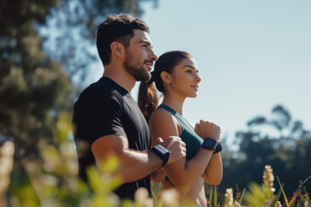 A young couple stands together in a park, enjoying the fresh air and sunshine while preparing for a workout.の写真素材
