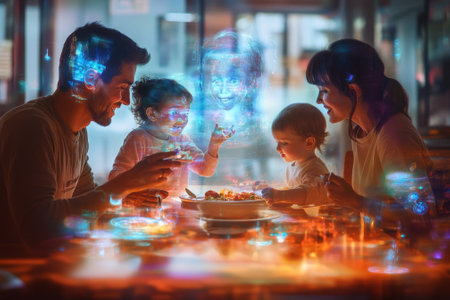 A family shares a dinner, captivated by glowing holograms that entertain and engage children.の写真素材