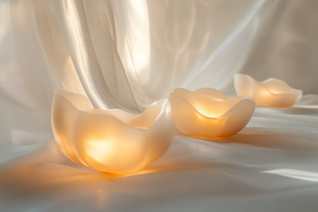 Soft light emanates from delicate candle holders, enhancing tranquility in a calming setting.の写真素材