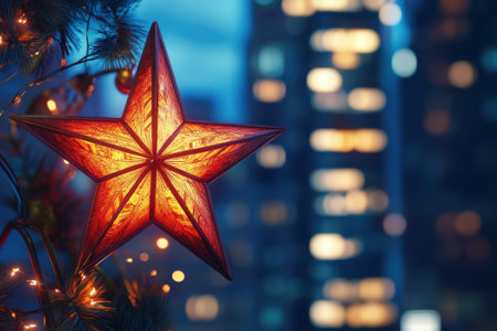 A glowing star ornament hangs amidst festive decorations against a backdrop of a city skyline at dusk.の写真素材