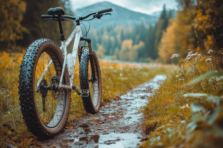 A mountain bike stands on a muddy path lined with colorful autumn trees in a serene forest.の写真素材