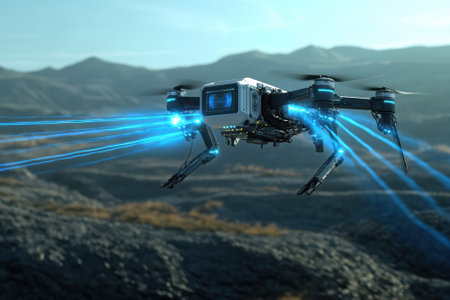 A futuristic drone navigates through rocky landscapes, emitting dazzling blue light beams in the daylight.の写真素材