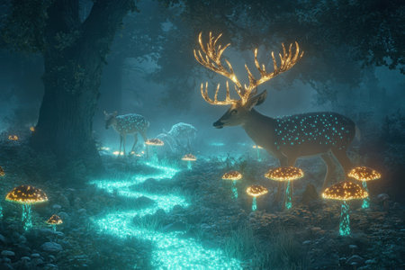 A group of deer walks through a magical forest adorned with glowing mushrooms under a starry sky.の写真素材