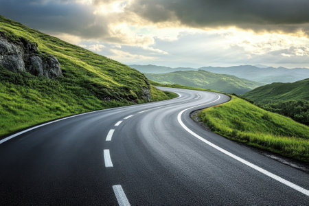 A winding road navigates through vibrant green hills, surrounded by dramatic sky and distant mountains.の写真素材