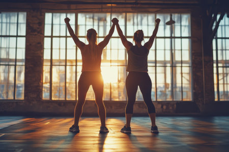 Two women with raised arms celebrate their success in a gym, illuminated by a beautiful sunset.の写真素材