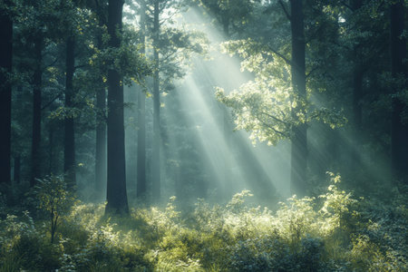 Soft rays of sunlight illuminate a tranquil forest, creating a peaceful atmosphere filled with greenery.の写真素材