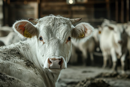 A white cow looks curiously at the camera while others are seen resting in the background of the barn.の写真素材