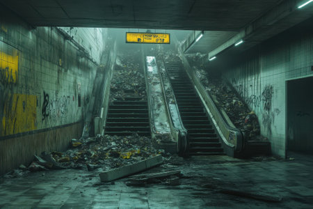 A neglected subway station features dirty escalators, covered in debris and graffiti, under poor lighting.の写真素材