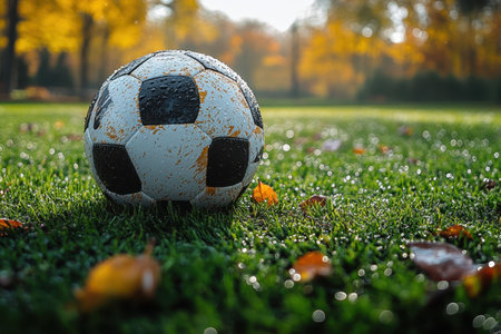 A soccer ball sits on dew-covered grass with fallen leaves in the background during a crisp autumn morning.の写真素材
