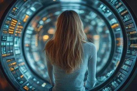 A person with long hair examines advanced technology surrounded by a circular display at night.の写真素材