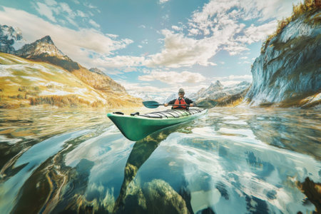 A person paddles a kayak across a serene lake with stunning mountain vistas and vibrant reflections.の写真素材