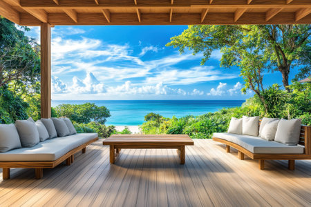 Relaxing terrace offers a stunning view of the ocean and vibrant greenery under a clear blue sky.の写真素材