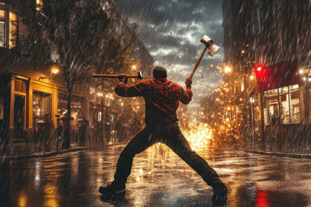 A man stands in a wet urban street, holding an ax while sparks fly around him during a stormy night.の写真素材