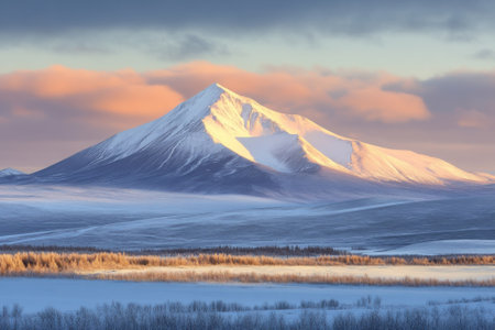 A towering, snow-covered mountain glows in sunset hues, set against a serene winter landscape.の写真素材