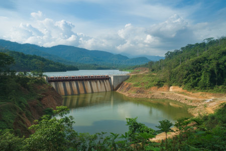 Bright clouds float above a dam, with calm water reflecting the surrounding mountains and trees.の写真素材