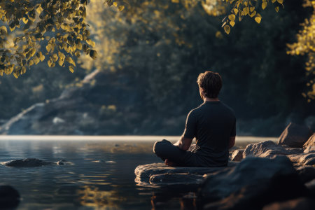A person sits on rocks by a serene river, meditating peacefully as the sun sets amidst trees.の写真素材