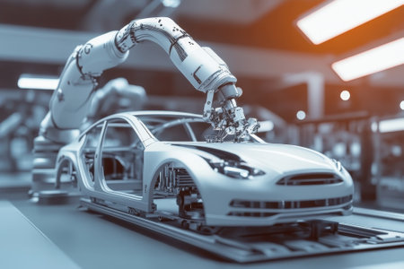 A robotic arm is precisely working on assembling a car chassis in a high-tech factory setting.の写真素材