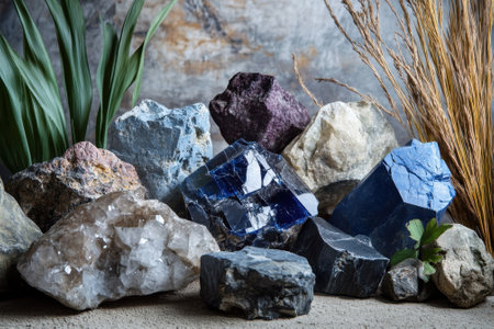 The display features a variety of colorful minerals and crystals with lush greenery in the background.の写真素材