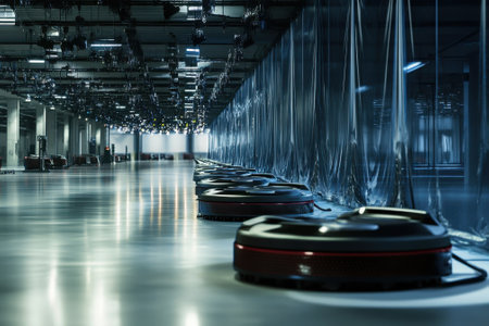 Sleek automated robots line the floor of a spacious, dimly lit facility, awaiting their next assignment.の写真素材