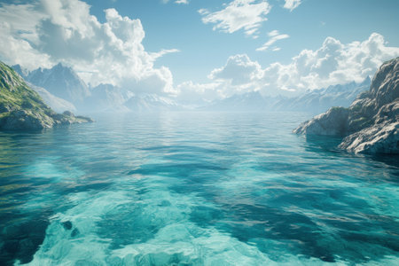Crystal clear waters blend with rugged mountains and soft clouds, creating a tranquil landscape.の写真素材