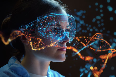 A woman wears augmented reality glasses displaying a colorful DNA model and abstract data patterns.の写真素材