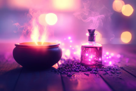 A potion bottle sits next to a cauldron, emitting colorful smoke and creating a magical atmosphere.の写真素材