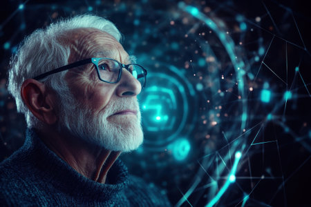 An elderly man with glasses reflects deeply while surrounded by a captivating digital design featuring glowing patterns.の写真素材