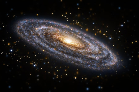 A stunning spiral galaxy displays its luminous core and vibrant arms surrounded by twinkling stars.の写真素材