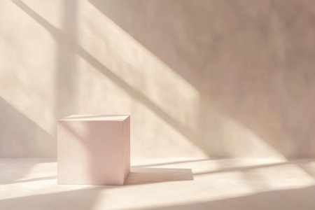 Soft shadows and muted tones enhance the tranquility of a minimalist cube standing in a bright space.の写真素材