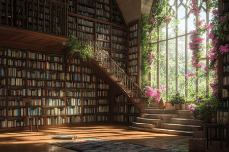 A spacious library features tall bookshelves filled with books, a stunning staircase, and vibrant flowers by the window.の写真素材