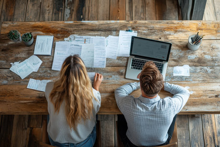 A collaborative effort at a rustic table where two people review documents alongside a laptop.の写真素材