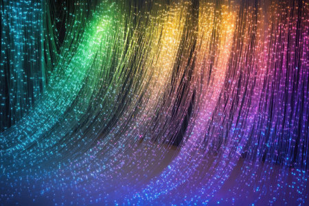 Bright, colorful strands of light cascade down, creating a festive environment perfect for celebrations.の写真素材