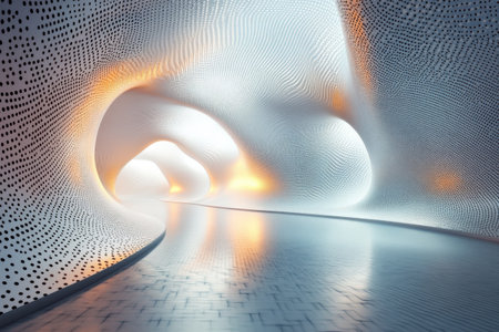A sleek corridor featuring flowing shapes and ambient lighting creates a modern atmosphere.の写真素材