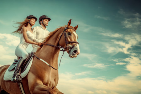 Riders in matching outfits enjoy a fast-paced ride on a horse against a backdrop of clear skies.の写真素材