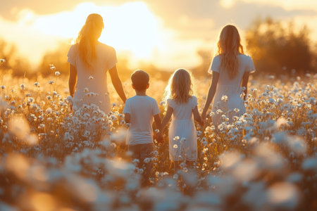 A family of four walks hand in hand through a blooming field at sunset, enjoying a peaceful moment.の写真素材