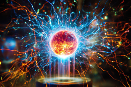 A glowing energy sphere surrounded by vibrant plasma arcs radiates in a dark setting.の写真素材