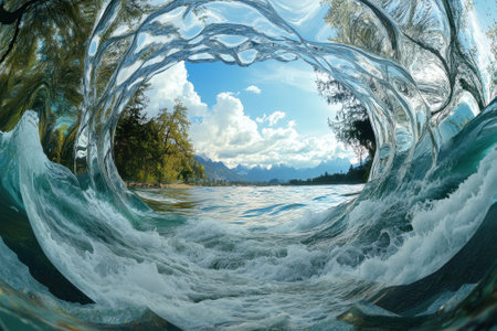 A powerful wave creates a mesmerizing tunnel effect, showing lush trees and mountains under a bright sky.の写真素材