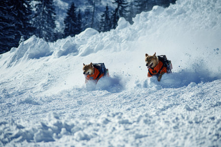 Two energetic dogs in bright jackets race through thick snow, surrounded by a winter wonderland.の写真素材