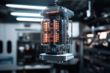 A quantum computer is displayed in a sophisticated laboratory, highlighting intricate circuits and lights.の写真素材