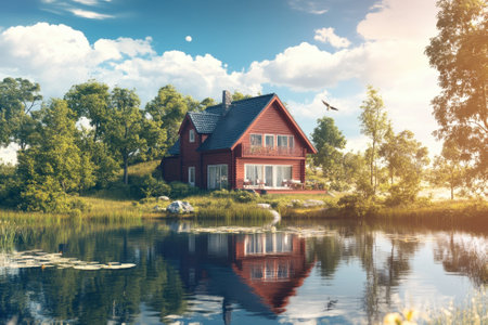 A picturesque red cabin sits beside a tranquil lake, reflecting the vibrant blue sky and lush trees in the water.の写真素材