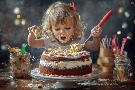 A young girl enjoys decorating a cake with frosting and sprinkles while playfully making a mess.の写真素材