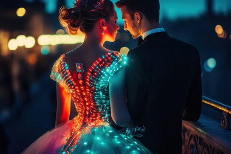 A couple stands close together, illuminated by colorful lights, enjoying a magical evening atmosphere.の写真素材