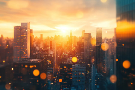A breathtaking sunset casts a golden glow over the New York City skyline, illuminating the skyscrapers beautifully.の写真素材
